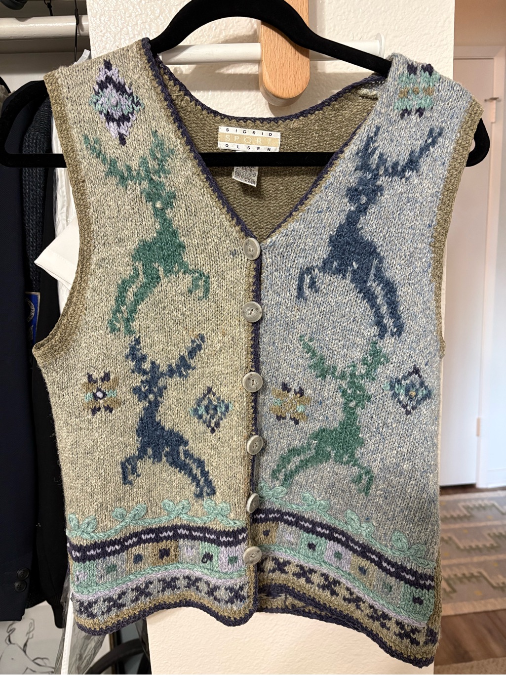 Sigrid Olsen Green, Blue & Gray Reindeer Knit Vest